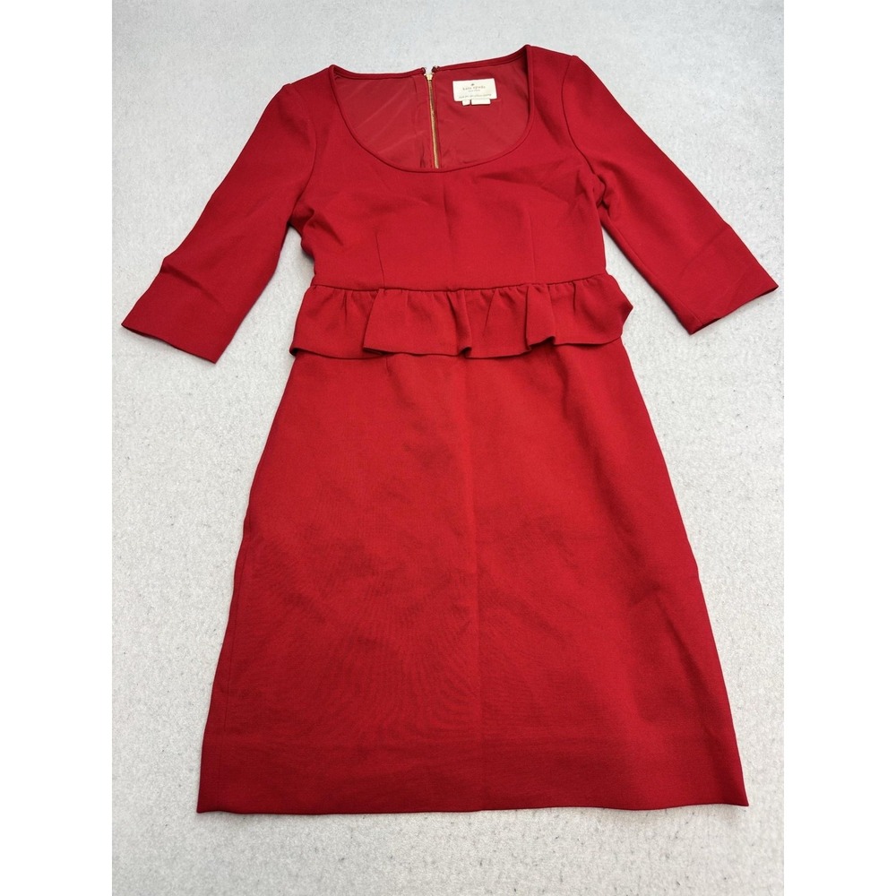Kate Spade New York Dress Womens 2 Red Peplum Ruffle 3/4 Sleeve Sheath Zip Back
